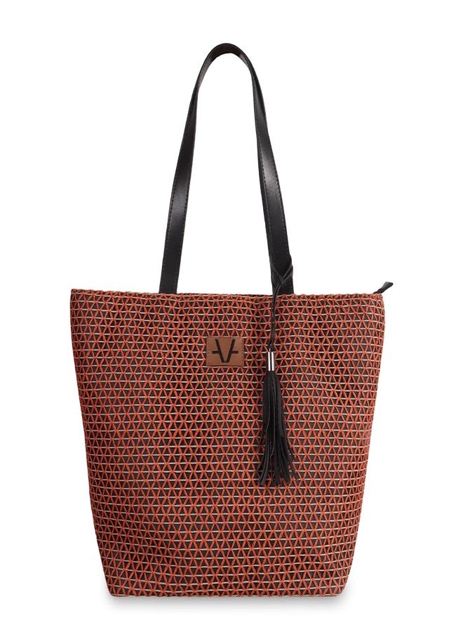 Avake Crimson Cross Tote Bag with Raffia and Vegan Leather Accents | Fits 14-Inch Laptop | Stylish & Durable | Lightweight Shoulder Bag for Work, Travel & Daily Use | Made in India - Image 1